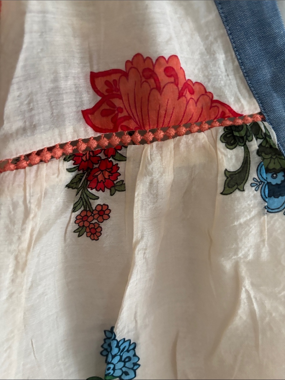 THML cream Floral Embroidered Peasant Blouse with Coral & Blue Accents - Picture 3 of 7